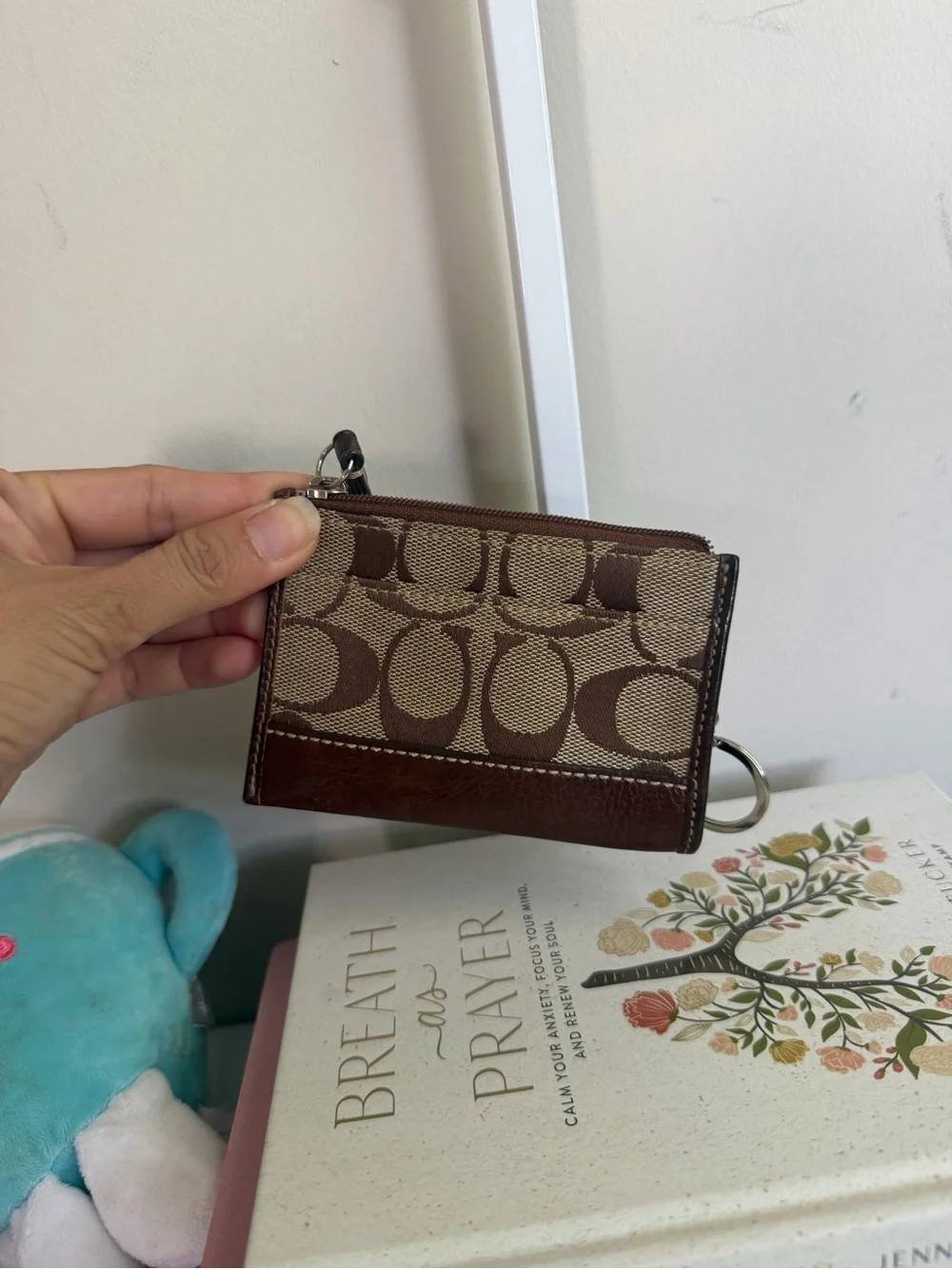 Coach Signature Canvas Cardholder with Brown Leather Trim and Key Ring